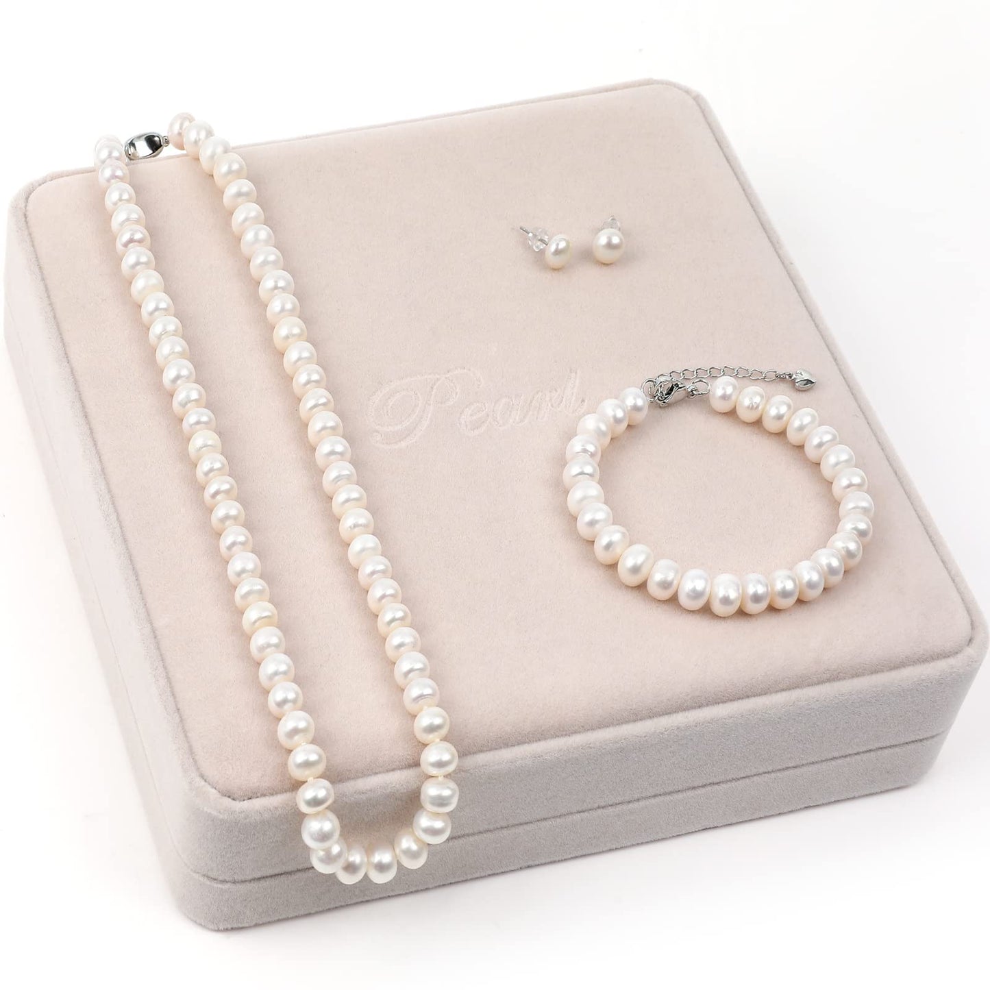 AOOVOO Freshwater Cultured Pearl Necklace Set - Real Pearl Necklace Set Includes Stunning Bracelet and Stud Earrings Jewelry Set for Women - SM
