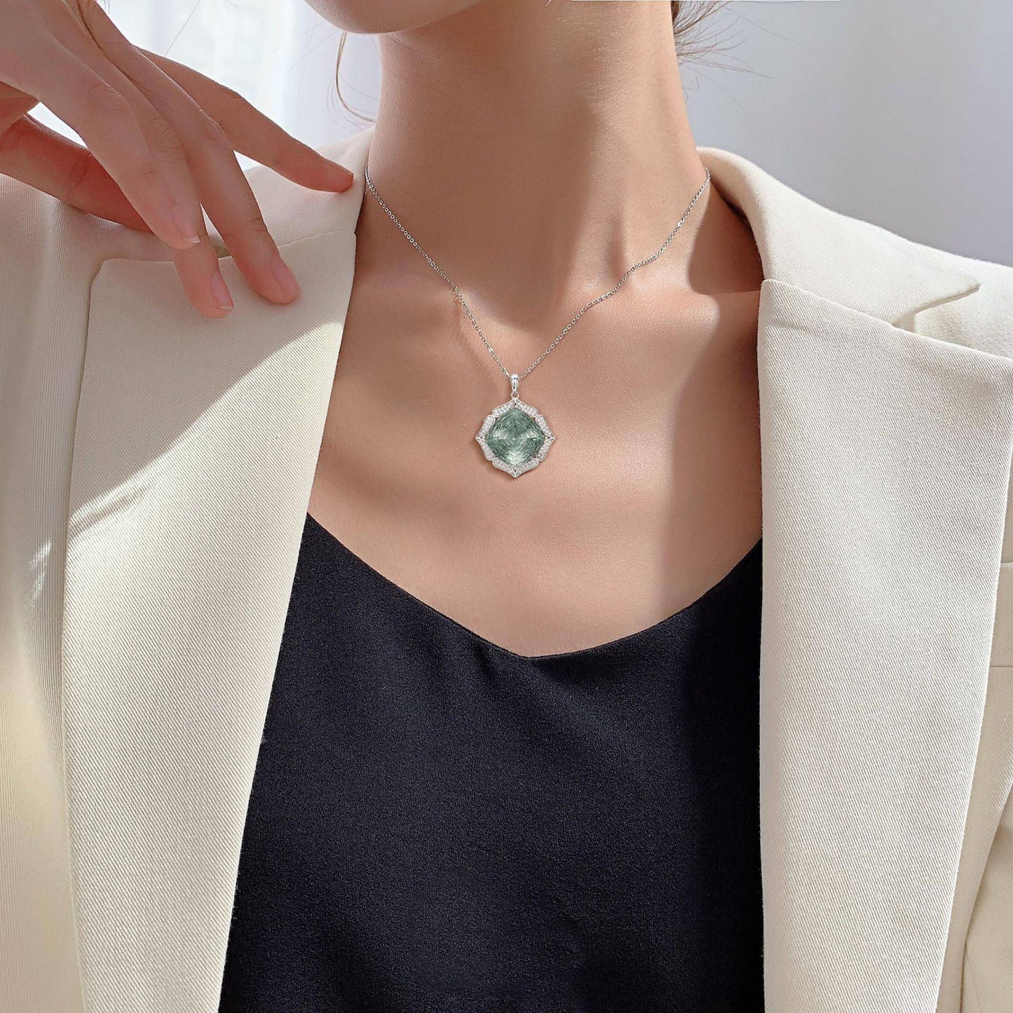 Luxury S925 Silver & Natural Green Stone Sweater Chain Set | Femininity Collection