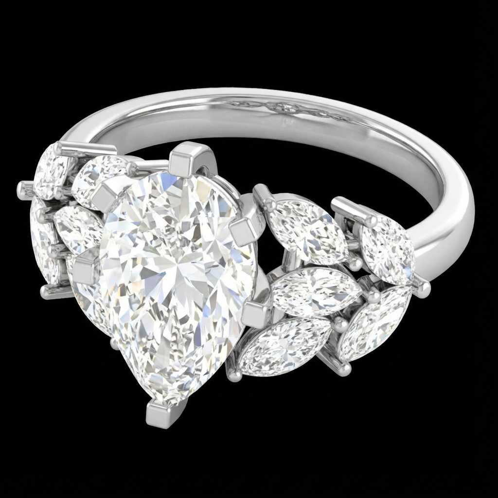 1.90ct Pear Lab Grown Diamond Engagement Ring | Marquise Side Stones | 10K Gold