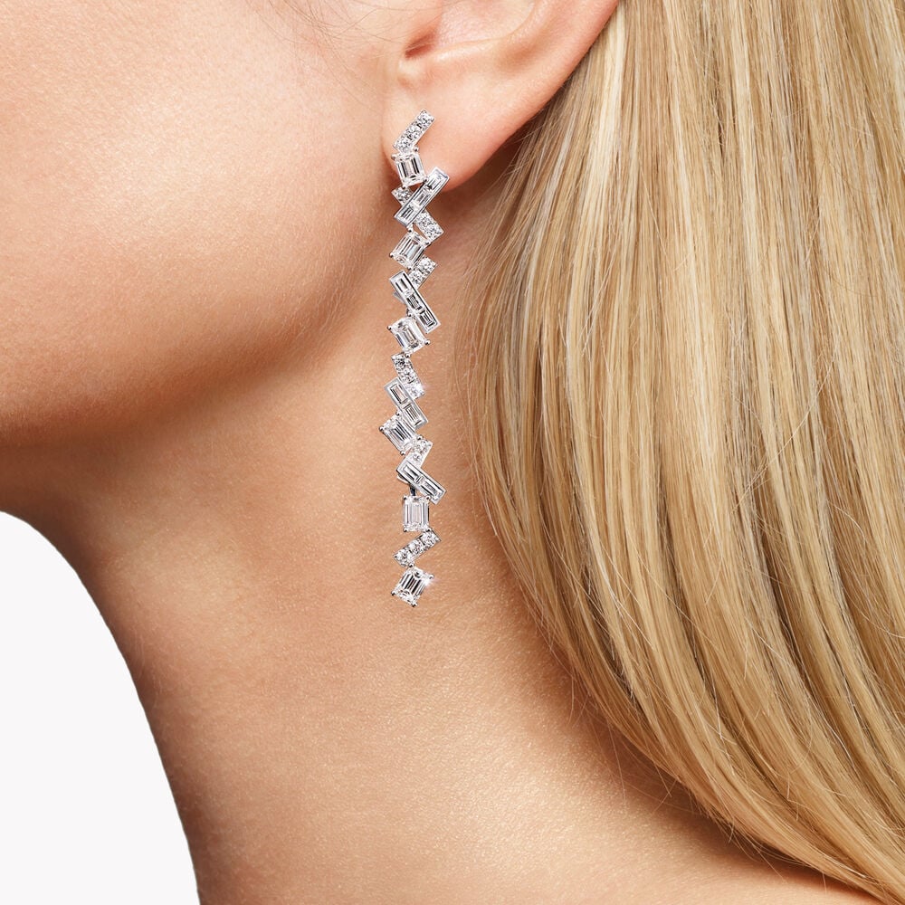 8ctw Lab Diamond Zig Zag Drop Earrings | Baguette | IGI Certified | 10K Gold