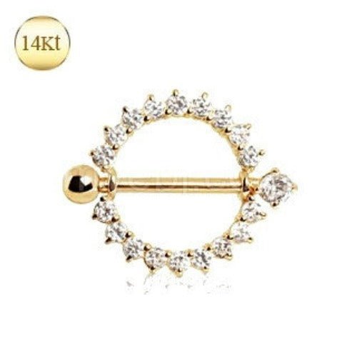 14K Yellow Gold Nipple Ring | Round CZ | Fine Body Jewelry