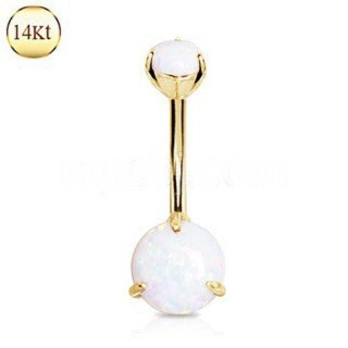 14K Yellow Gold Navel Ring | Prong Set White Synthetic Opal | Body Jewelry