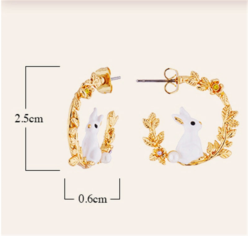 Cute White Rabbit & Wheat Ear Earrings | Whimsical Luxury