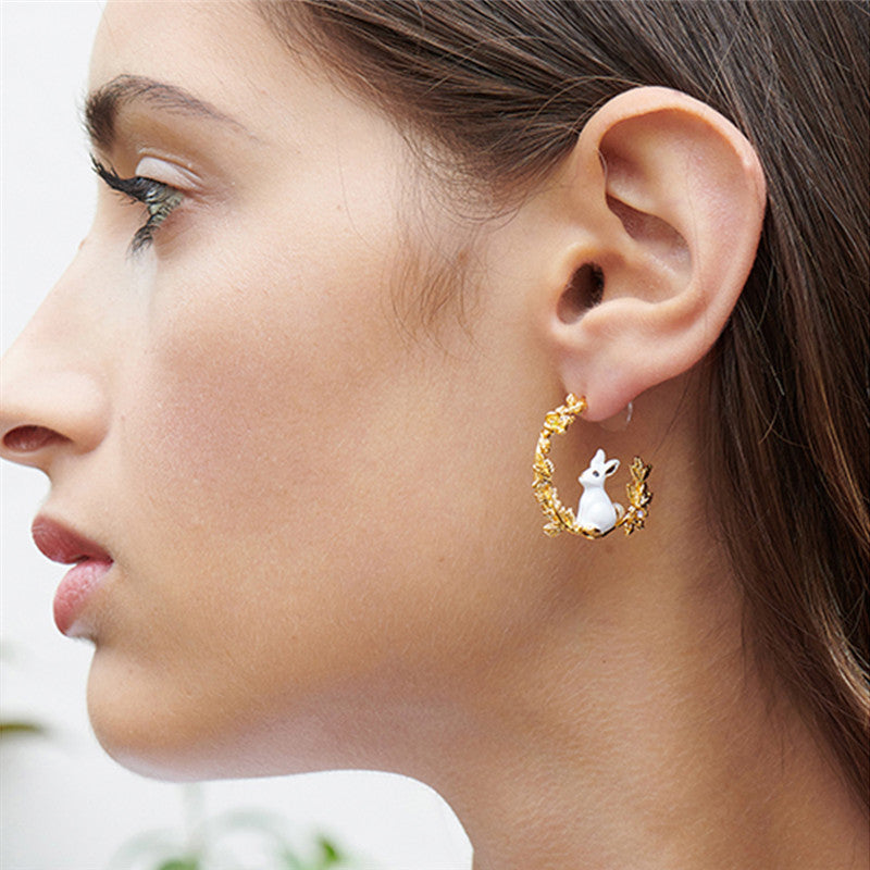 Cute White Rabbit & Wheat Ear Earrings | Whimsical Luxury