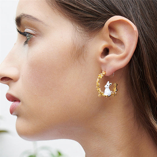 Cute White Rabbit & Wheat Ear Earrings | Whimsical Luxury