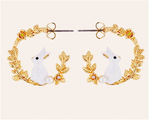 Cute White Rabbit & Wheat Ear Earrings | Whimsical Luxury