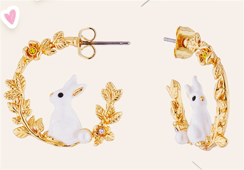 Cute White Rabbit & Wheat Ear Earrings | Whimsical Luxury
