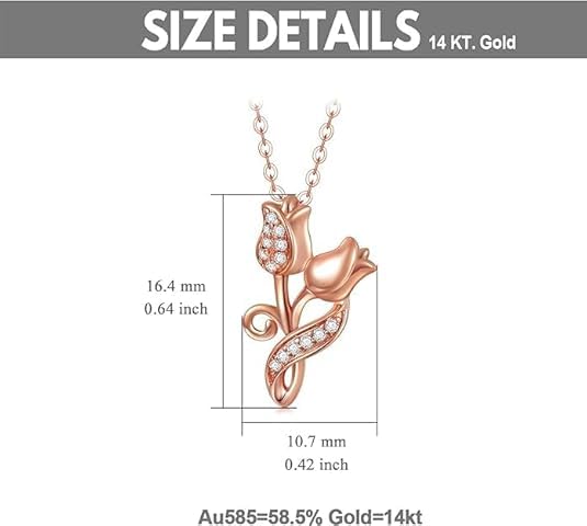 Rose Necklace for Women 14K Solid Gold Rose Pendant Necklace Flower Jewelry Wedding Birthday Gifts for Her Girlfriend Mom Wife,16+2Inch