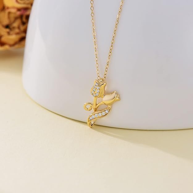 Rose Necklace for Women 14K Solid Gold Rose Pendant Necklace Flower Jewelry Wedding Birthday Gifts for Her Girlfriend Mom Wife,16+2Inch