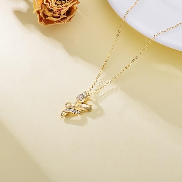 Rose Necklace for Women 14K Solid Gold Rose Pendant Necklace Flower Jewelry Wedding Birthday Gifts for Her Girlfriend Mom Wife,16+2Inch