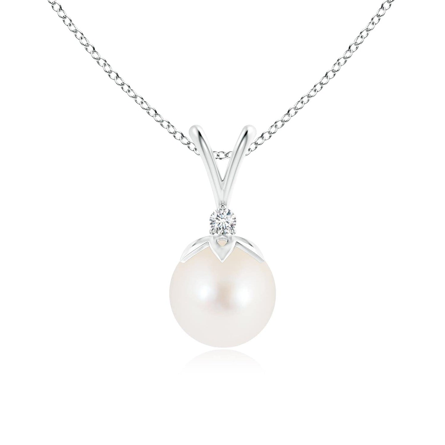 Angara Freshwater Pearl V-Bale Pendant with Diamond in Silver/14K Solid Gold/Platinum | Freshwater Pearl Solitaire 18" Necklace for Women | June Birthstone, Anniversary Jewelry Gift