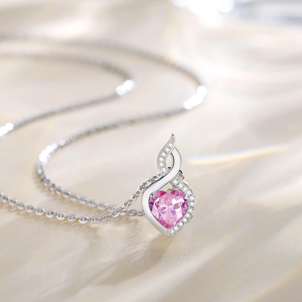 FANCIME 14K Solid White Gold Heart Birthstone Necklace with Diamond Pendent Birthday Gifts for Mom Women, Sterling Silver Chain 16" + 2" Extender