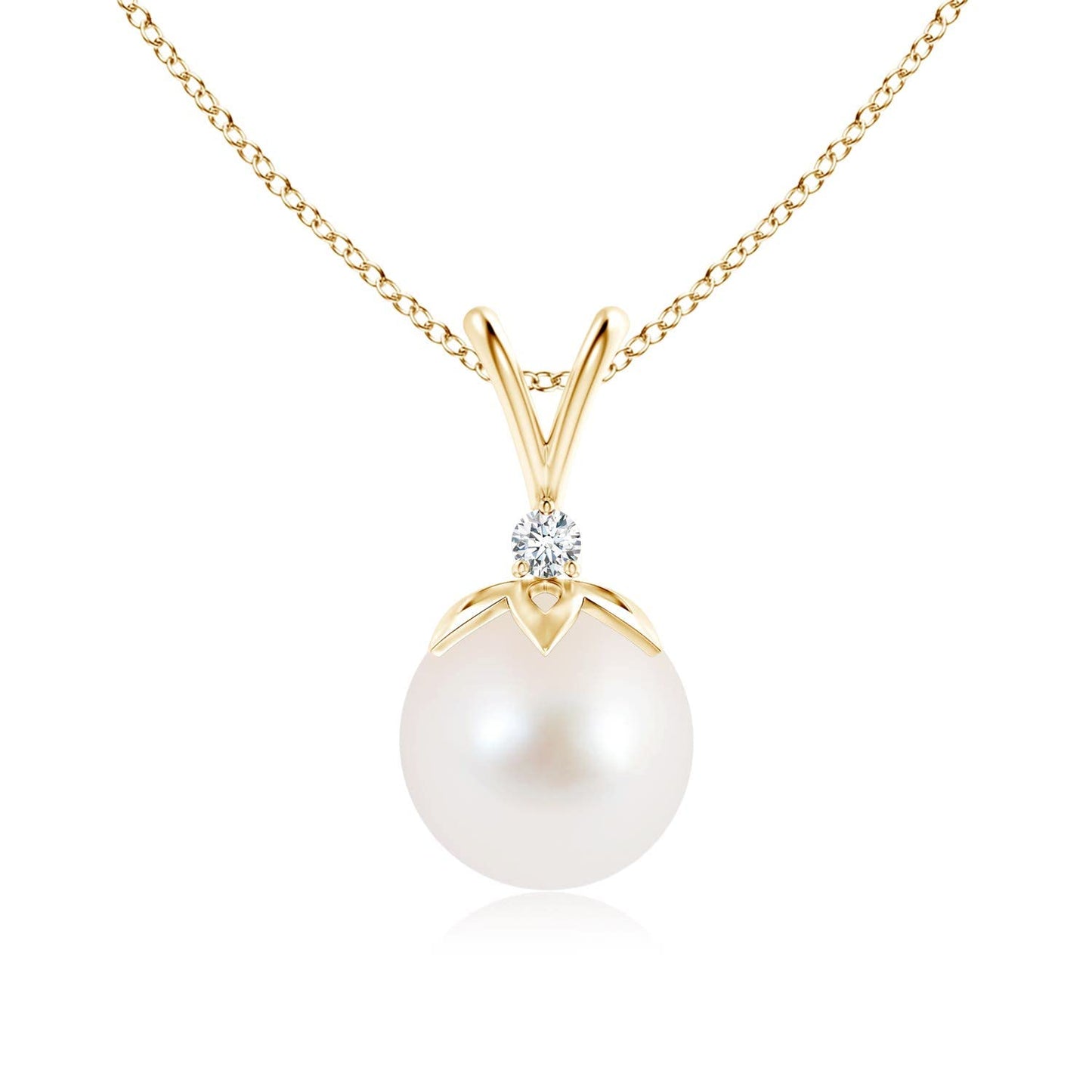 Angara Freshwater Pearl V-Bale Pendant with Diamond in Silver/14K Solid Gold/Platinum | Freshwater Pearl Solitaire 18" Necklace for Women | June Birthstone, Anniversary Jewelry Gift