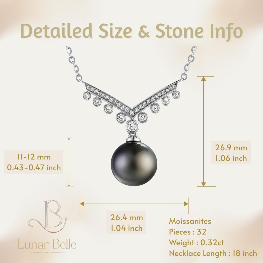 Lunar Belle Black Jewelry for Women Tahitian Pearl Pendant Necklace with Moissanite Sterling Silver, Romantic Gift for Wife Girlfriend Valentine Anniversary (Tide's Kiss)