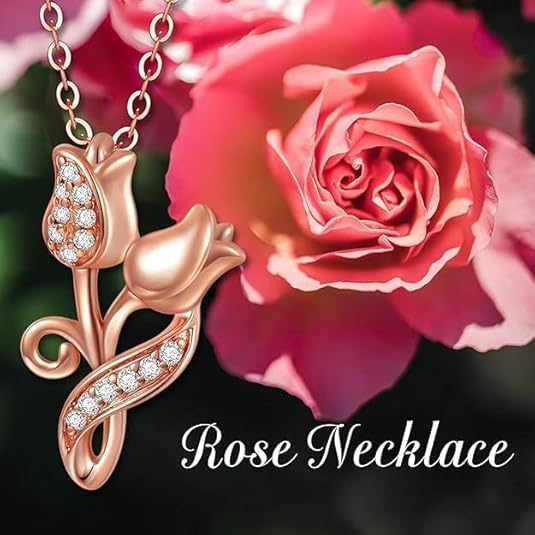 Rose Necklace for Women 14K Solid Gold Rose Pendant Necklace Flower Jewelry Wedding Birthday Gifts for Her Girlfriend Mom Wife,16+2Inch