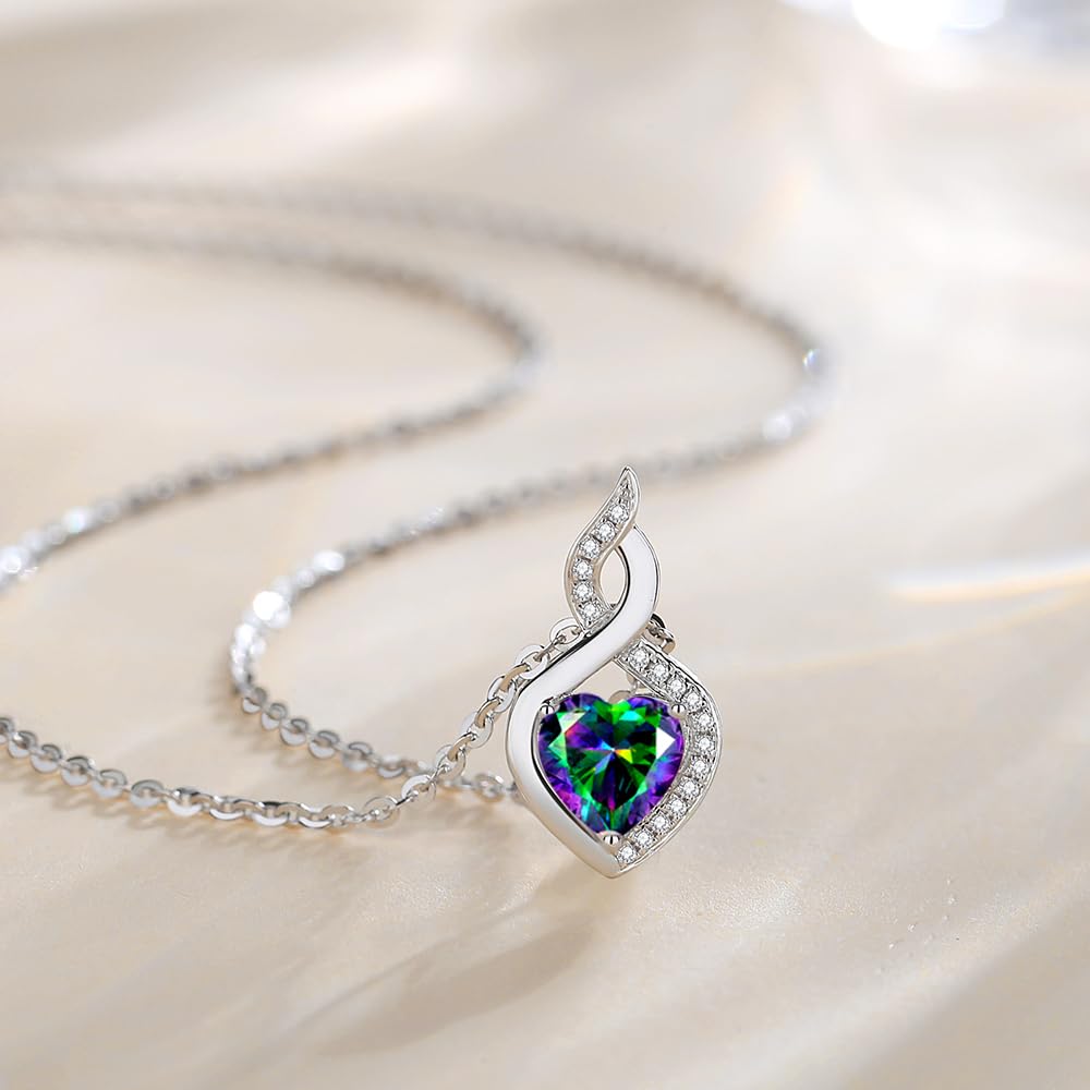 FANCIME 14K Solid White Gold Heart Birthstone Necklace with Diamond Pendent Birthday Gifts for Mom Women, Sterling Silver Chain 16" + 2" Extender