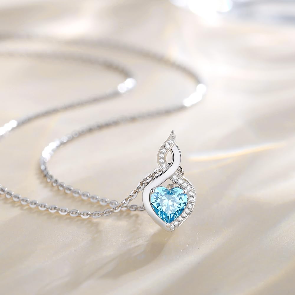 FANCIME 14K Solid White Gold Heart Birthstone Necklace with Diamond Pendent Birthday Gifts for Mom Women, Sterling Silver Chain 16" + 2" Extender