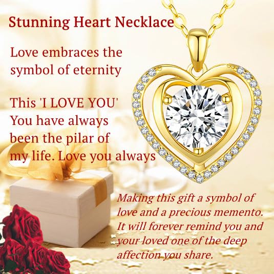 Heart Pendant Gold Necklace for Women Moissanite Lab-Created Gem I Love You Wedding Anniversary Birthday Christmas Valentine Engagements Mothers Day Jewelry for Wife Her Girlfriend Mom Daughter - SM
