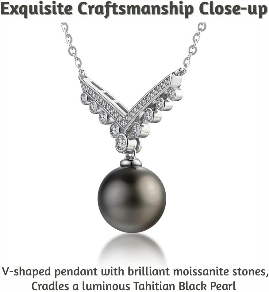 Lunar Belle Black Jewelry for Women Tahitian Pearl Pendant Necklace with Moissanite Sterling Silver, Romantic Gift for Wife Girlfriend Valentine Anniversary (Tide's Kiss)