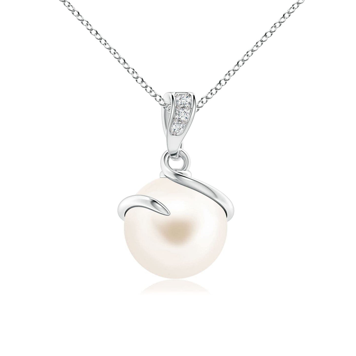 Angara Freshwater Pearl Spiral Pendant with Diamonds in Silver/14K Solid Gold/Platinum | Freshwater Pearl Solitaire 18" Necklace for Women | June Birthstone, Anniversary Jewelry Gift