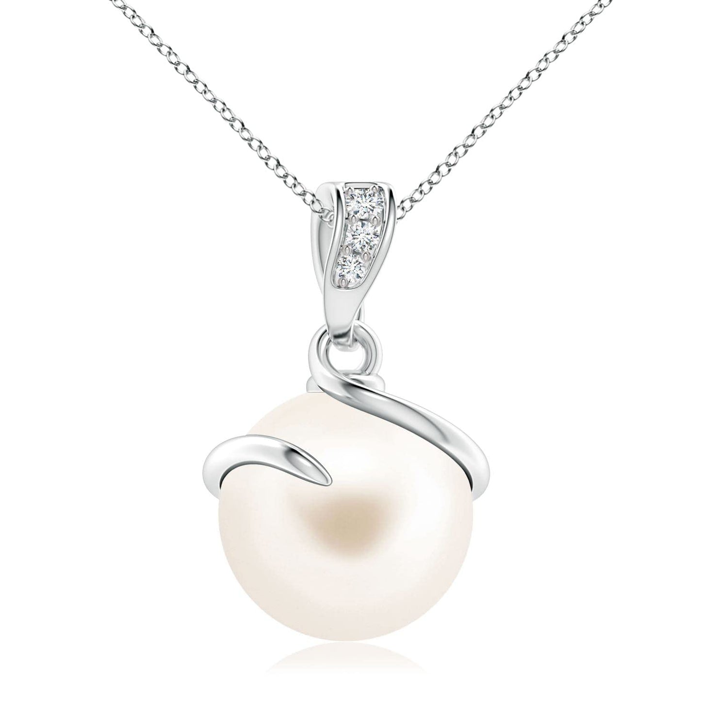 Angara Freshwater Pearl Spiral Pendant with Diamonds in Silver/14K Solid Gold/Platinum | Freshwater Pearl Solitaire 18" Necklace for Women | June Birthstone, Anniversary Jewelry Gift