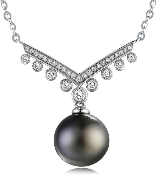 Lunar Belle Black Jewelry for Women Tahitian Pearl Pendant Necklace with Moissanite Sterling Silver, Romantic Gift for Wife Girlfriend Valentine Anniversary (Tide's Kiss)