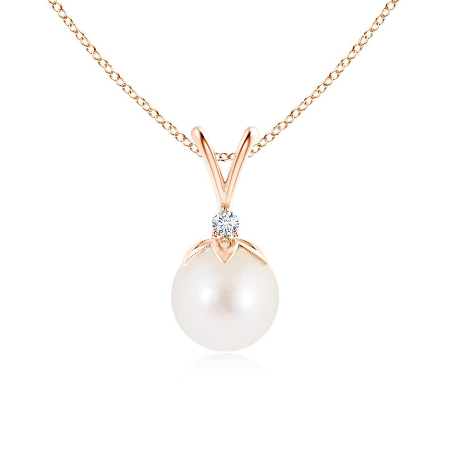 Angara Freshwater Pearl V-Bale Pendant with Diamond in Silver/14K Solid Gold/Platinum | Freshwater Pearl Solitaire 18" Necklace for Women | June Birthstone, Anniversary Jewelry Gift