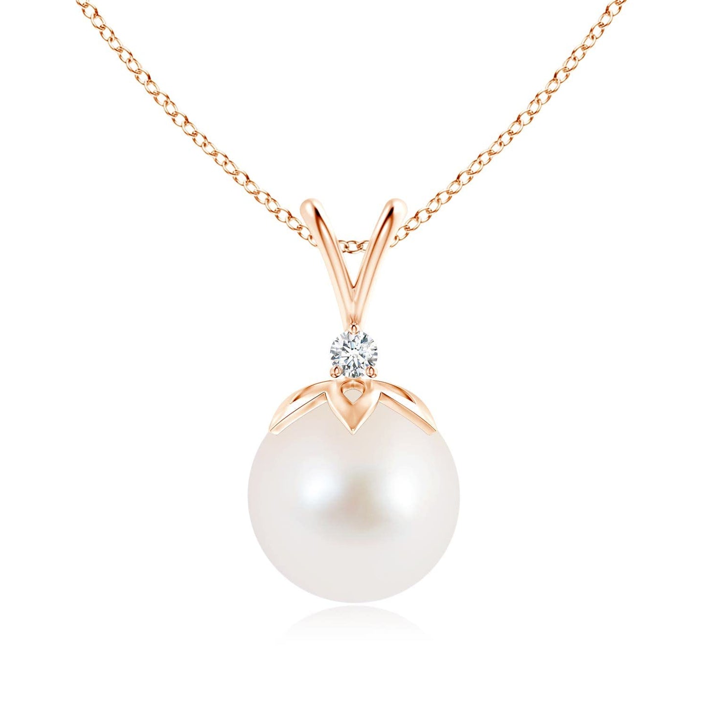 Angara Freshwater Pearl V-Bale Pendant with Diamond in Silver/14K Solid Gold/Platinum | Freshwater Pearl Solitaire 18" Necklace for Women | June Birthstone, Anniversary Jewelry Gift
