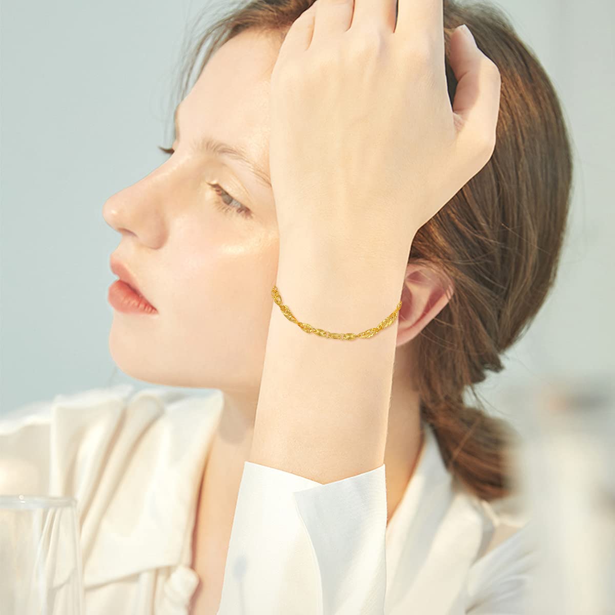 18k Yellow Gold Bracelet for Women, 3mm Width Real Gold Italian Diamond-Cut Link Chain Bracelets Jewelry Anniversary Birthday Gift for Her, Mom, Wife