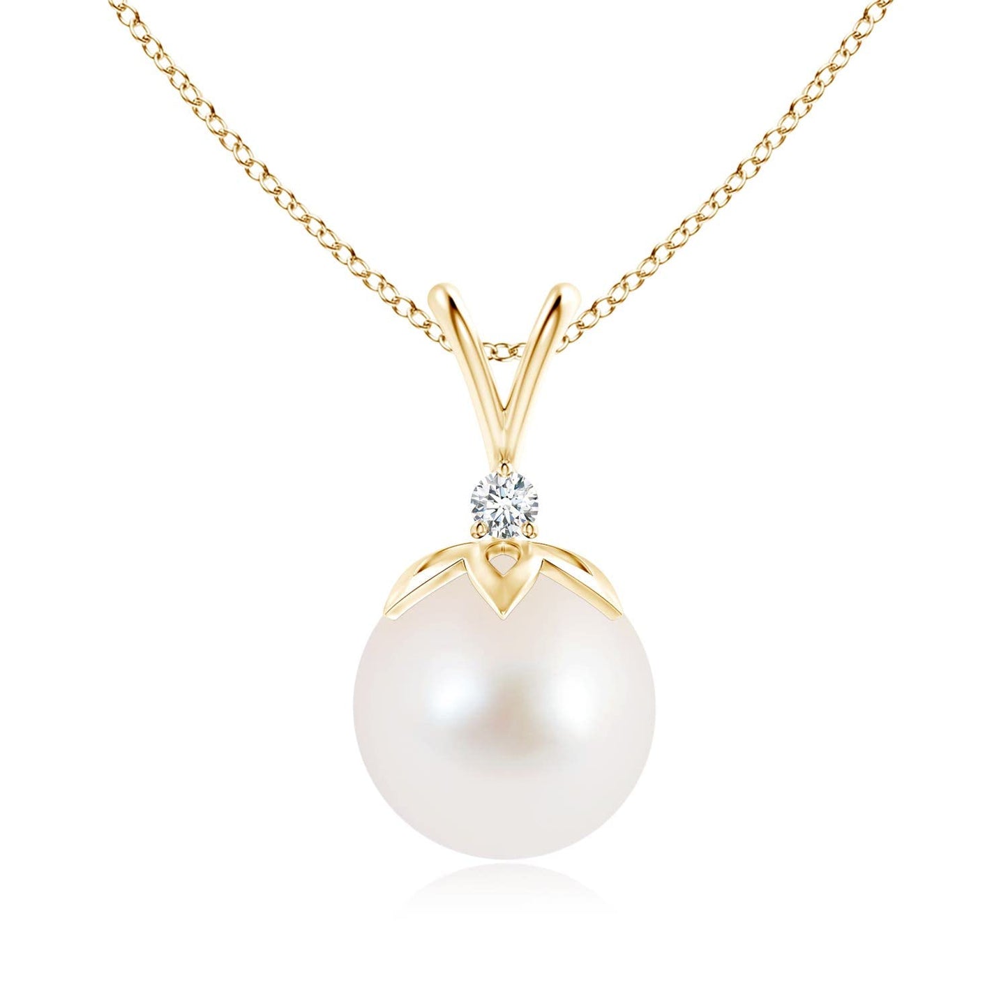 Angara Freshwater Pearl V-Bale Pendant with Diamond in Silver/14K Solid Gold/Platinum | Freshwater Pearl Solitaire 18" Necklace for Women | June Birthstone, Anniversary Jewelry Gift