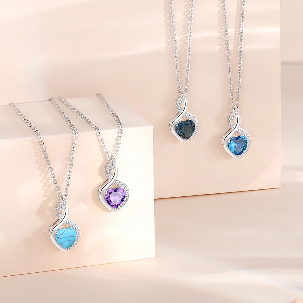 FANCIME 14K Solid White Gold Heart Birthstone Necklace with Diamond Pendent Birthday Gifts for Mom Women, Sterling Silver Chain 16" + 2" Extender