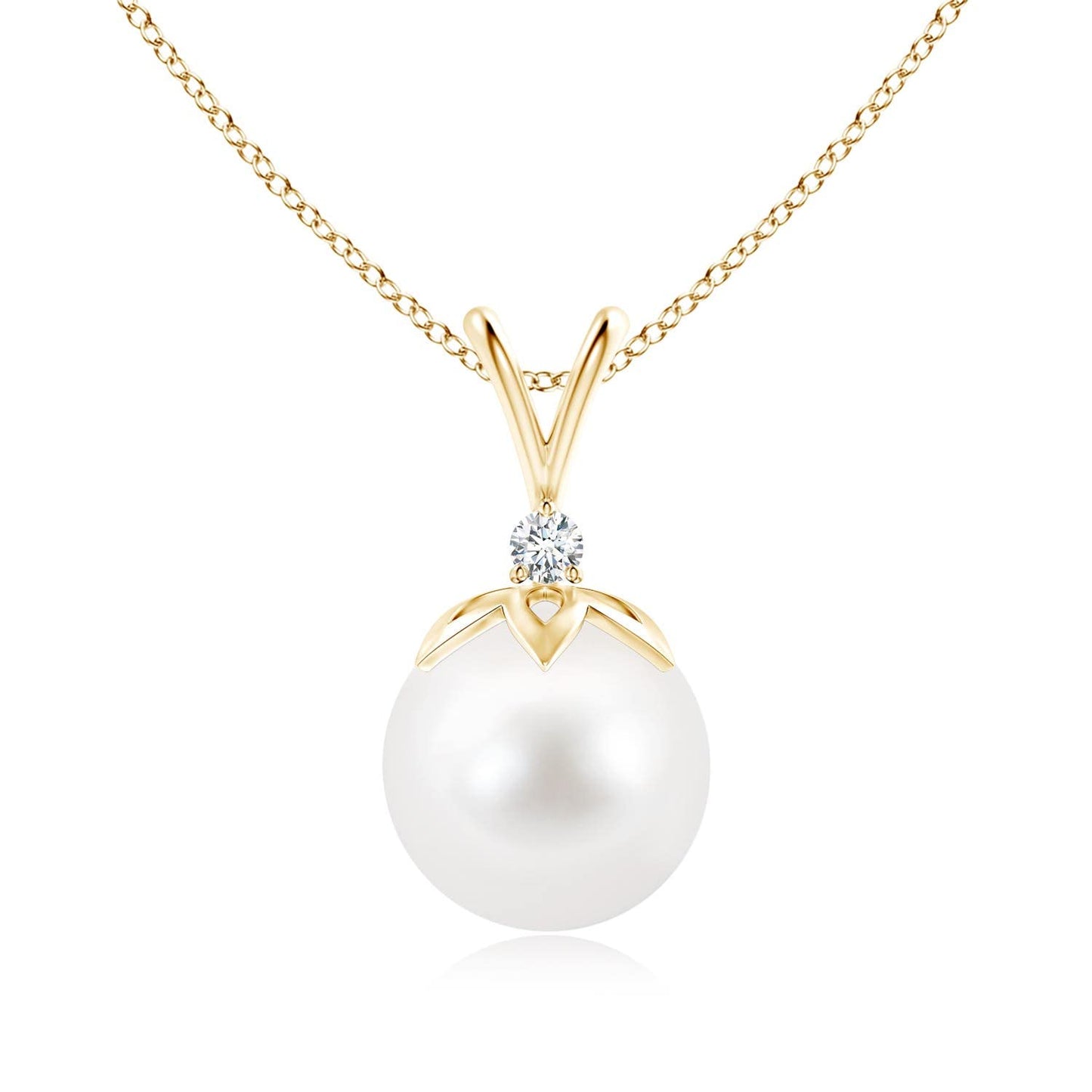 Angara Freshwater Pearl V-Bale Pendant with Diamond in Silver/14K Solid Gold/Platinum | Freshwater Pearl Solitaire 18" Necklace for Women | June Birthstone, Anniversary Jewelry Gift