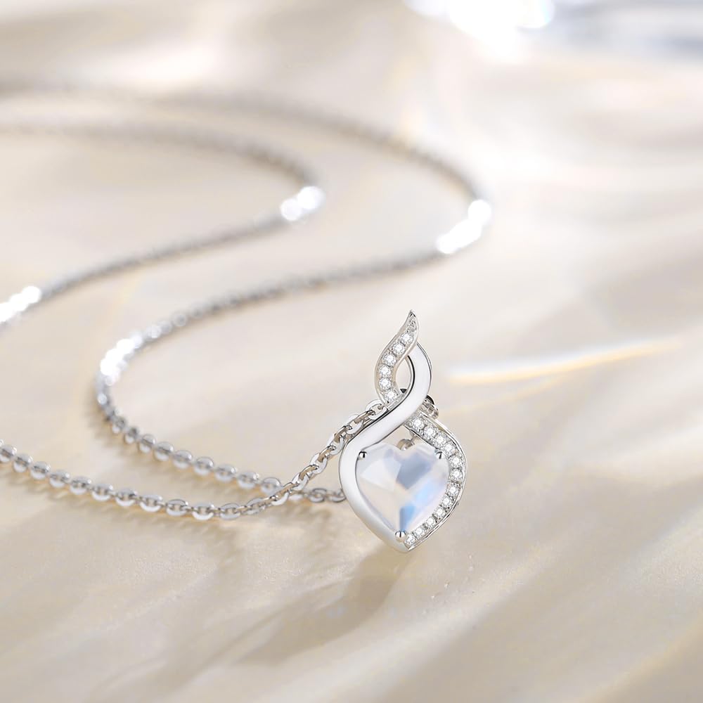 FANCIME 14K Solid White Gold Heart Birthstone Necklace with Diamond Pendent Birthday Gifts for Mom Women, Sterling Silver Chain 16" + 2" Extender