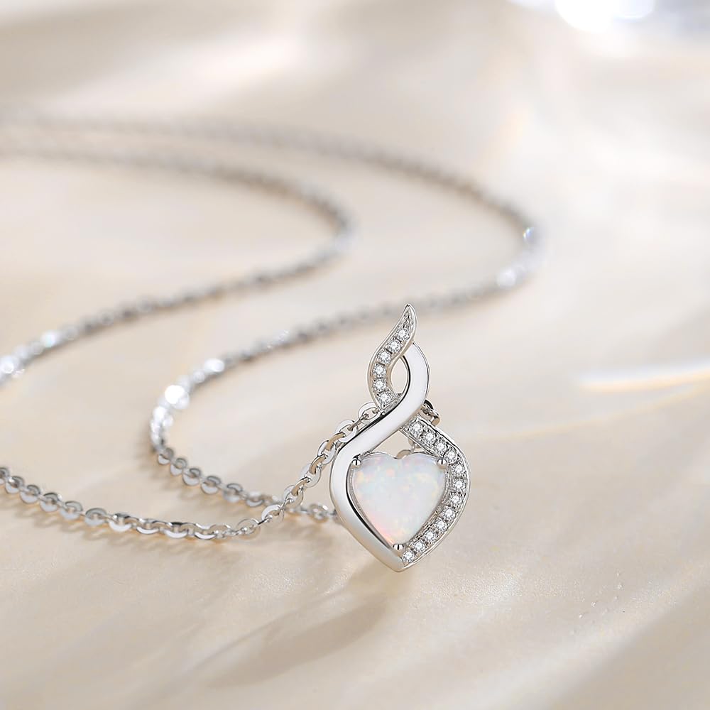 FANCIME 14K Solid White Gold Heart Birthstone Necklace with Diamond Pendent Birthday Gifts for Mom Women, Sterling Silver Chain 16" + 2" Extender