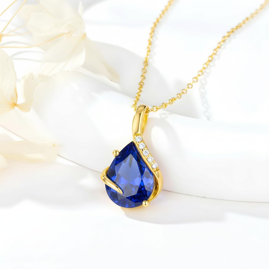 YDD 14K Solid Gold Gemstone Birthstone Necklaces for Women Dainty 2 Carat Pear Shaped Teardrop Gemstone Birthstone Pendant Anniversary Birthday Jewelry Gifts for Her 16"-18"