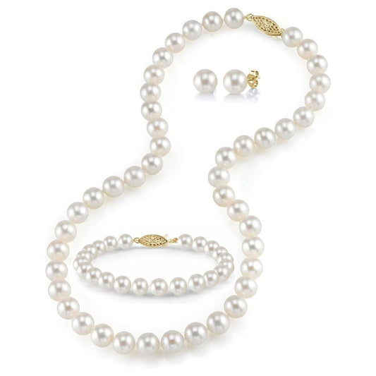 The Pearl Source 14K Gold Pearl Jewelry Set for Women - Freshwater Pearl Necklace and Earring Set with Pearl Bracelet | Genuine Cultured Pearls, Pearl Gifts for Christmas, Holidays and Anniversary - SM