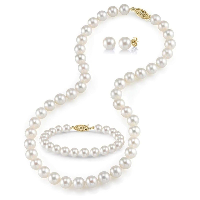 The Pearl Source 14K Gold Pearl Jewelry Set for Women - Freshwater Pearl Necklace and Earring Set with Pearl Bracelet | Genuine Cultured Pearls, Pearl Gifts for Christmas, Holidays and Anniversary - SM
