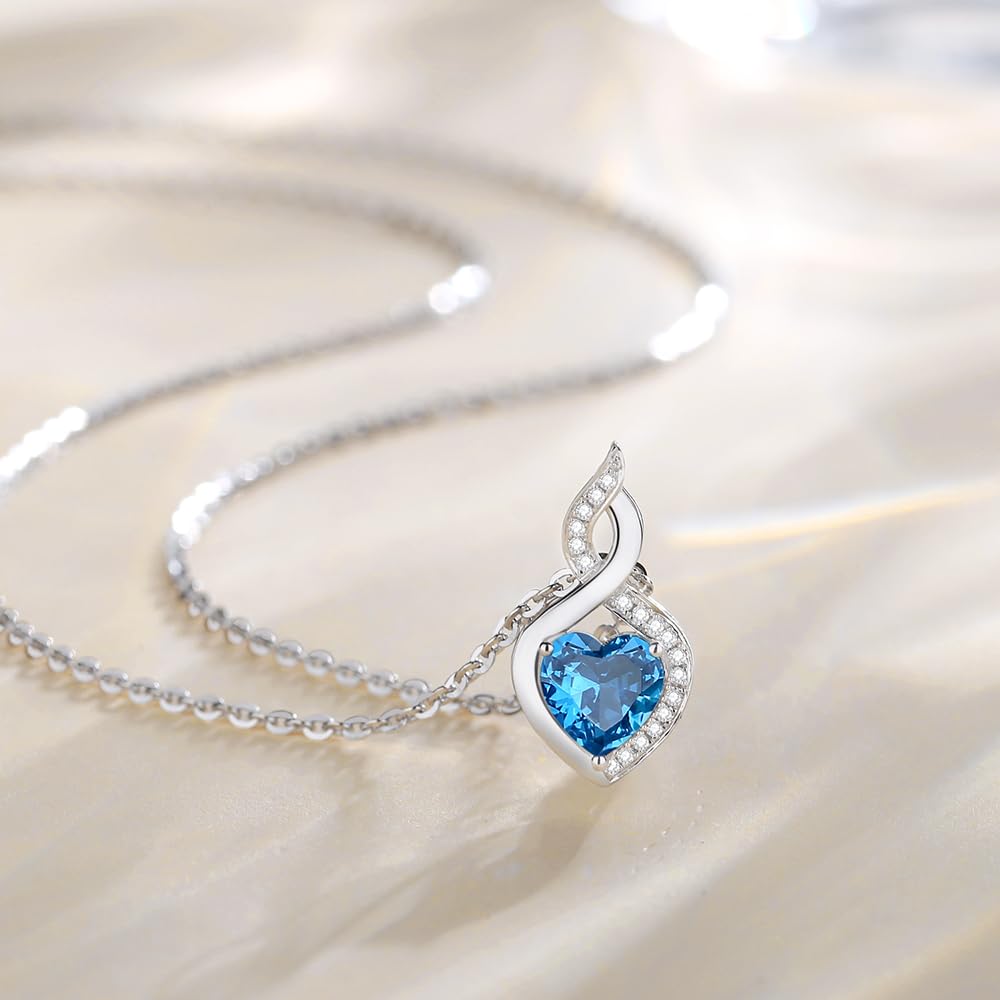 FANCIME 14K Solid White Gold Heart Birthstone Necklace with Diamond Pendent Birthday Gifts for Mom Women, Sterling Silver Chain 16" + 2" Extender