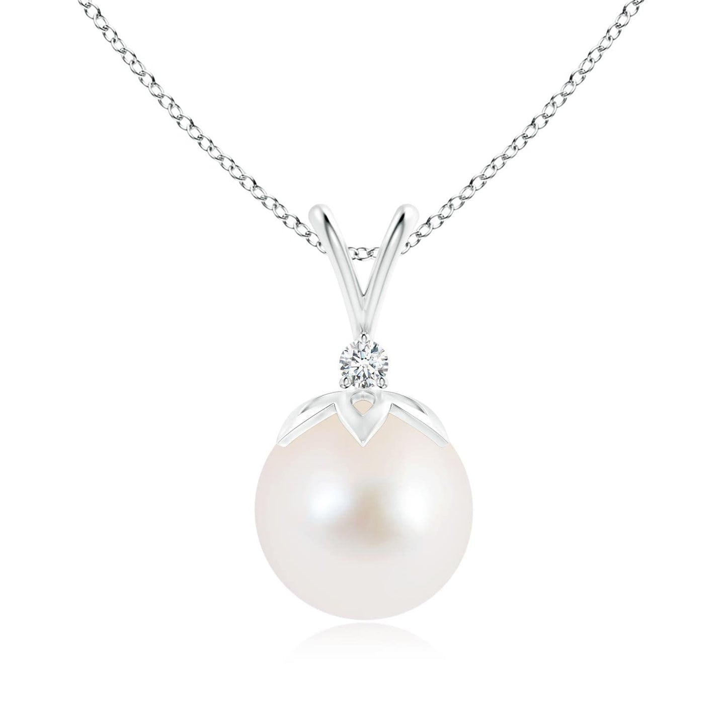 Angara Freshwater Pearl V-Bale Pendant with Diamond in Silver/14K Solid Gold/Platinum | Freshwater Pearl Solitaire 18" Necklace for Women | June Birthstone, Anniversary Jewelry Gift