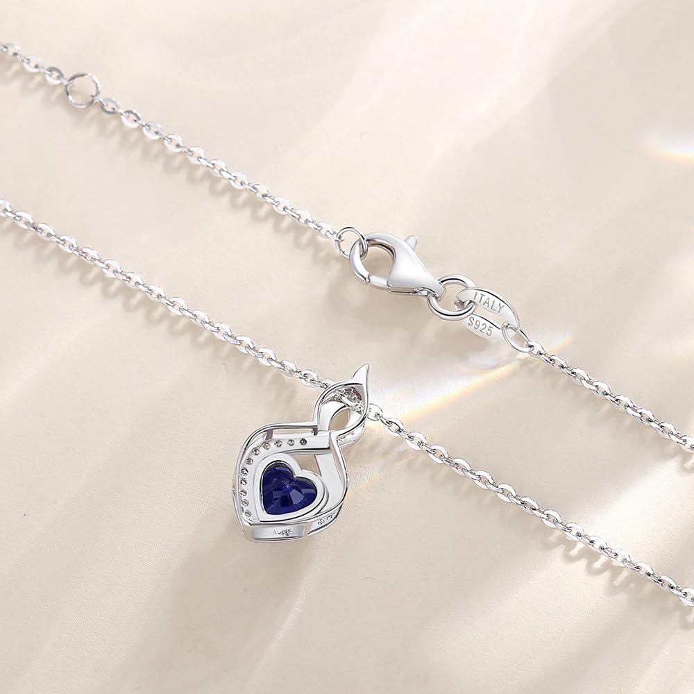 FANCIME 14K Solid White Gold Heart Birthstone Necklace with Diamond Pendent Birthday Gifts for Mom Women, Sterling Silver Chain 16" + 2" Extender