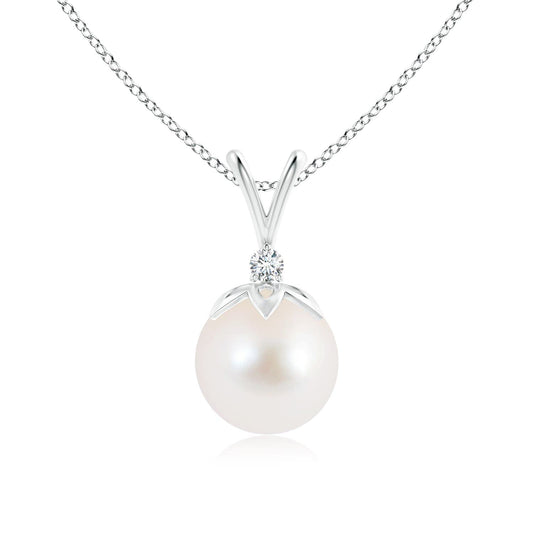 Angara Freshwater Pearl V-Bale Pendant with Diamond in Silver/14K Solid Gold/Platinum | Freshwater Pearl Solitaire 18" Necklace for Women | June Birthstone, Anniversary Jewelry Gift