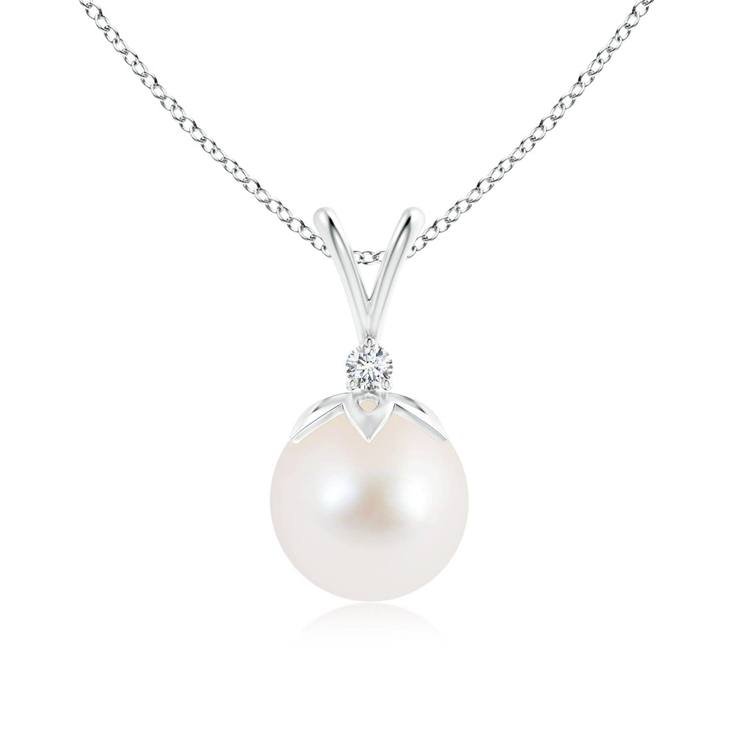 Angara Freshwater Pearl V-Bale Pendant with Diamond in Silver/14K Solid Gold/Platinum | Freshwater Pearl Solitaire 18" Necklace for Women | June Birthstone, Anniversary Jewelry Gift