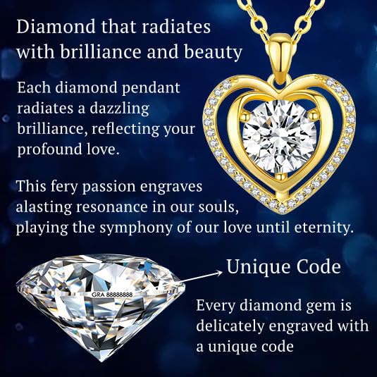 Heart Pendant Gold Necklace for Women Moissanite Lab-Created Gem I Love You Wedding Anniversary Birthday Christmas Valentine Engagements Mothers Day Jewelry for Wife Her Girlfriend Mom Daughter - SM