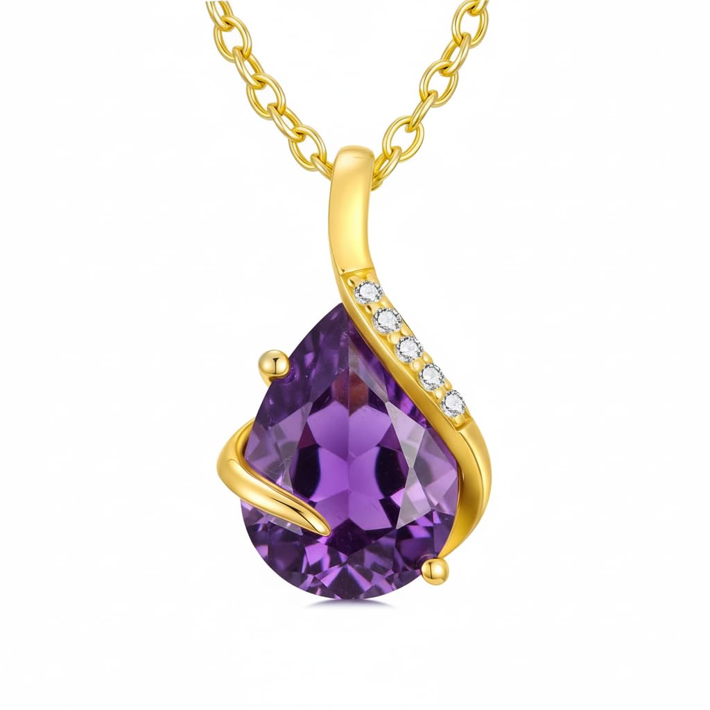 YDD 14K Solid Gold Gemstone Birthstone Necklaces for Women Dainty 2 Carat Pear Shaped Teardrop Gemstone Birthstone Pendant Anniversary Birthday Jewelry Gifts for Her 16"-18"
