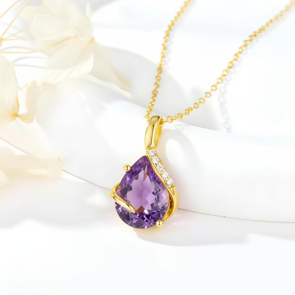 YDD 14K Solid Gold Gemstone Birthstone Necklaces for Women Dainty 2 Carat Pear Shaped Teardrop Gemstone Birthstone Pendant Anniversary Birthday Jewelry Gifts for Her 16"-18"