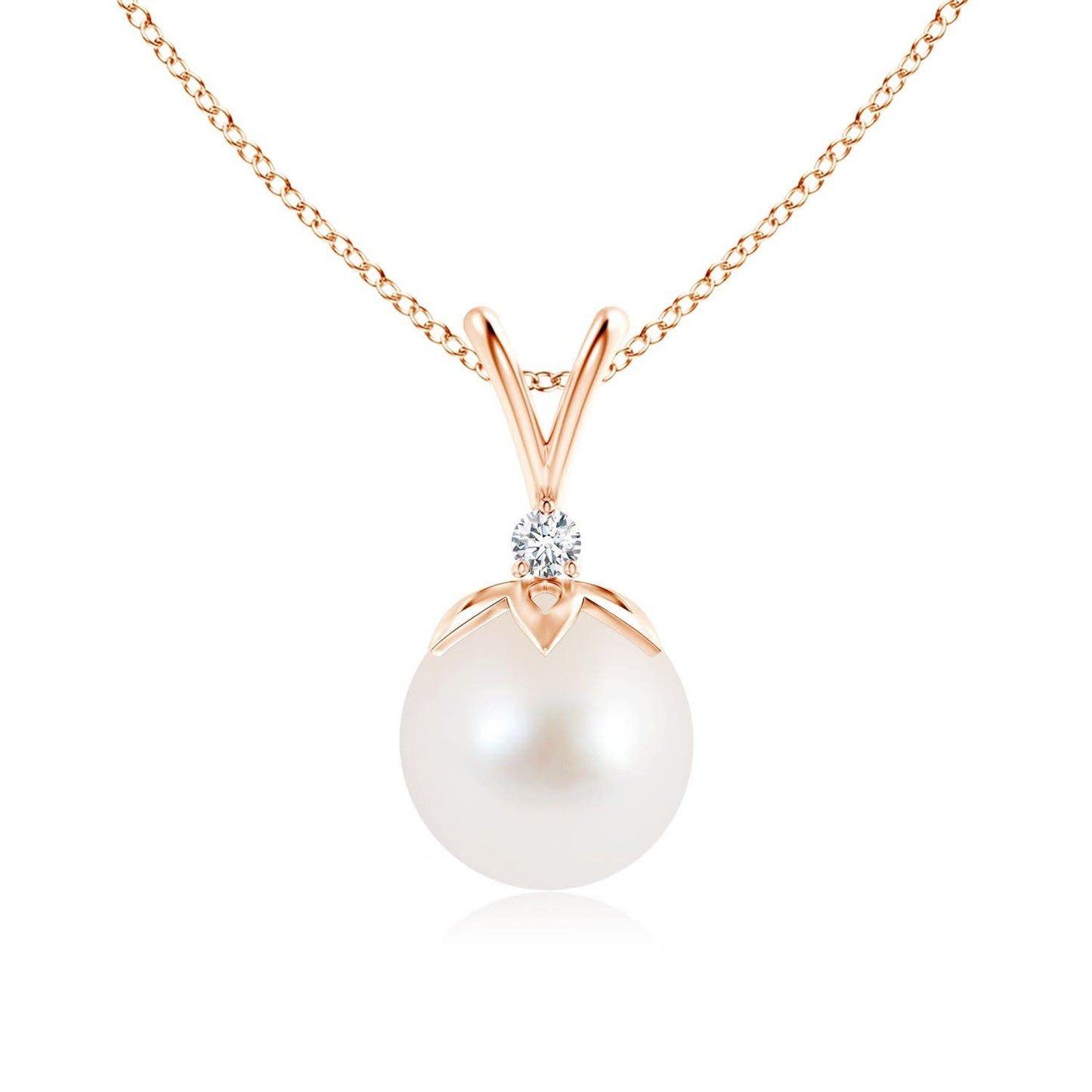 Angara Freshwater Pearl V-Bale Pendant with Diamond in Silver/14K Solid Gold/Platinum | Freshwater Pearl Solitaire 18" Necklace for Women | June Birthstone, Anniversary Jewelry Gift