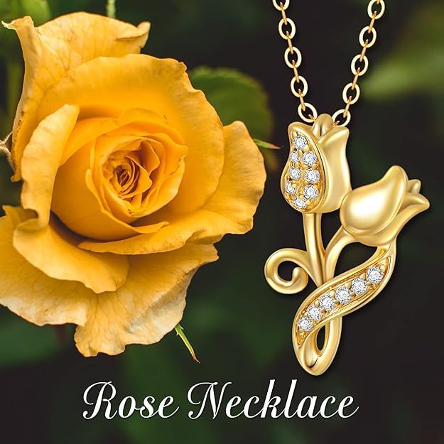 Rose Necklace for Women 14K Solid Gold Rose Pendant Necklace Flower Jewelry Wedding Birthday Gifts for Her Girlfriend Mom Wife,16+2Inch