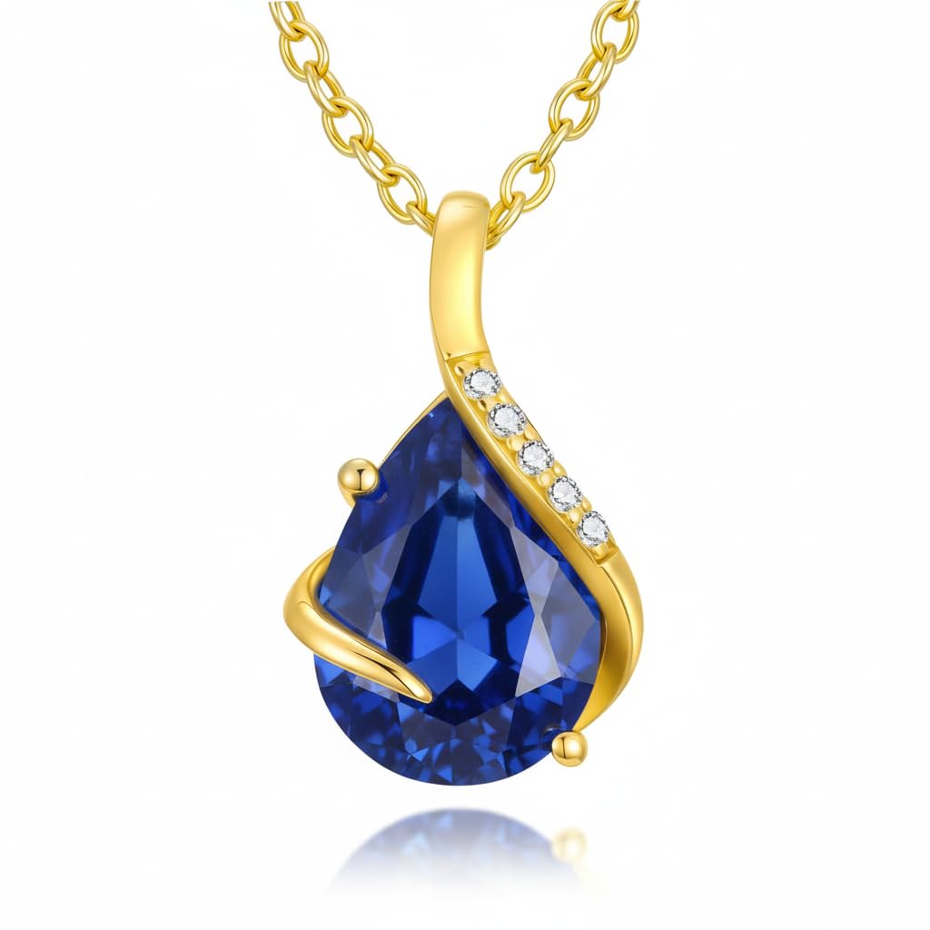 YDD 14K Solid Gold Gemstone Birthstone Necklaces for Women Dainty 2 Carat Pear Shaped Teardrop Gemstone Birthstone Pendant Anniversary Birthday Jewelry Gifts for Her 16"-18"