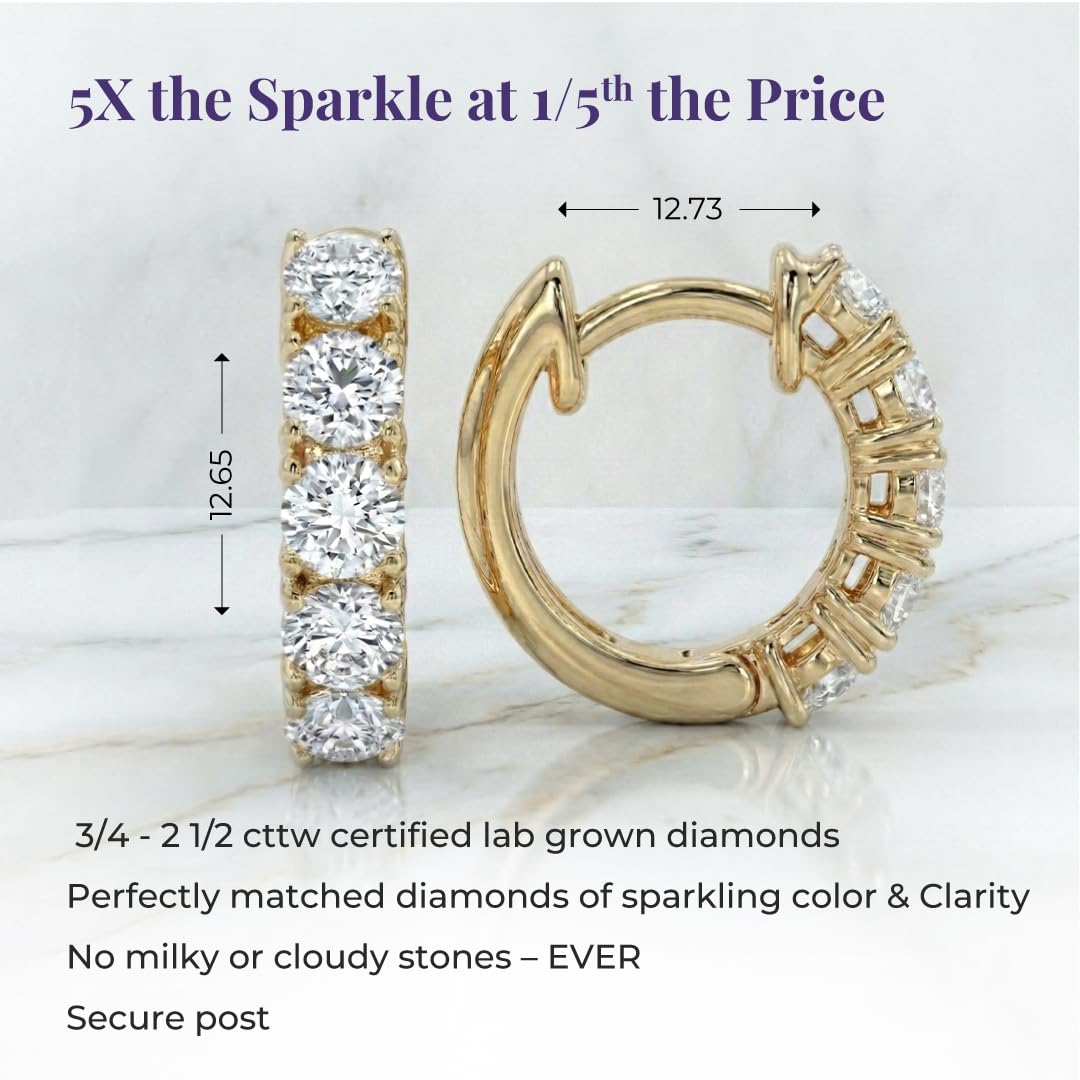 Diamond Huggie Earrings for Women | 3/4-2 1/2 CT TW 14K Yellow and White Gold Small Hoop Earrings | Lab Created Diamonds | Certified by Gemologists