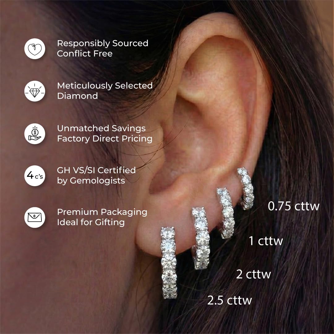 Diamond Huggie Earrings for Women | 3/4-2 1/2 CT TW 14K Yellow and White Gold Small Hoop Earrings | Lab Created Diamonds | Certified by Gemologists